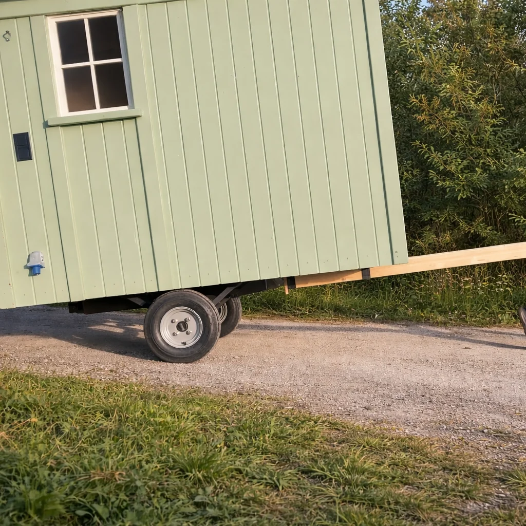 Mobile Sauna vom Holz Hannes auf ihrem Fahrgestell, Seitenansicht mit Rädern